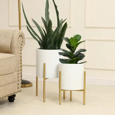 Luxenhome White Metal Indoor Planters With Stands, Set Of 2