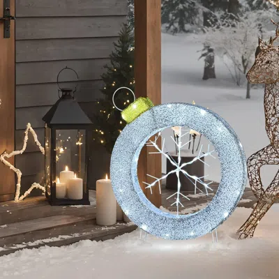 Luxenhome White Ornament And Snowflake With Lights, 2 Ft In Blue