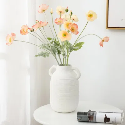 Luxenhome White Textured Ceramic Vase 2-handle Round Tall Jug Vase