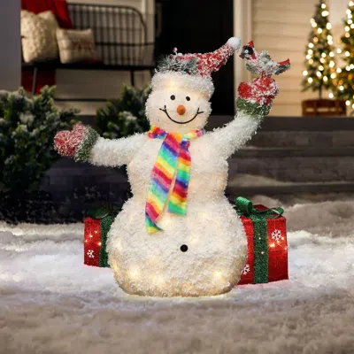 Luxenhome White Tinsel Frosted Holiday Outdoor Snowman Decor, 3ft