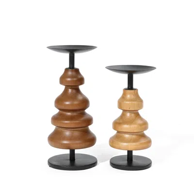 Luxenhome Wood Candle Holder Set Of 2 In Multi