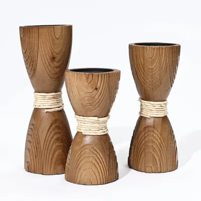 Luxenhome Wood Candle Holder, Set Of 3 In Brown
