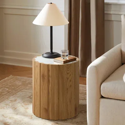 Luxenhome Wooden Side Table – Tree Stump Style With Faux Marble Top In Brown