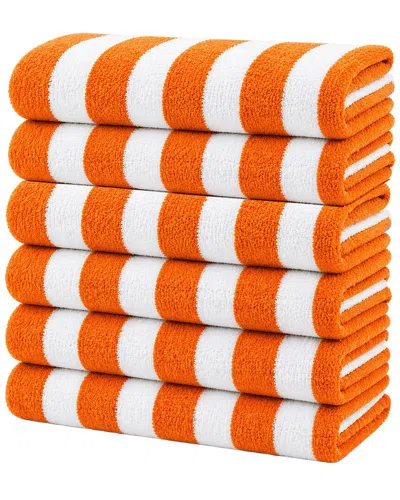 Luxury Home 6-pack Cabana Striped Terry Cloth Beach Towels In Orange