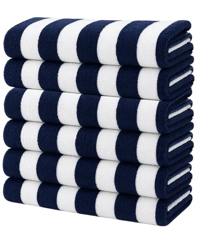 Luxury Home 6-pack Cabana Striped Terry Cloth Beach Towels In Blue
