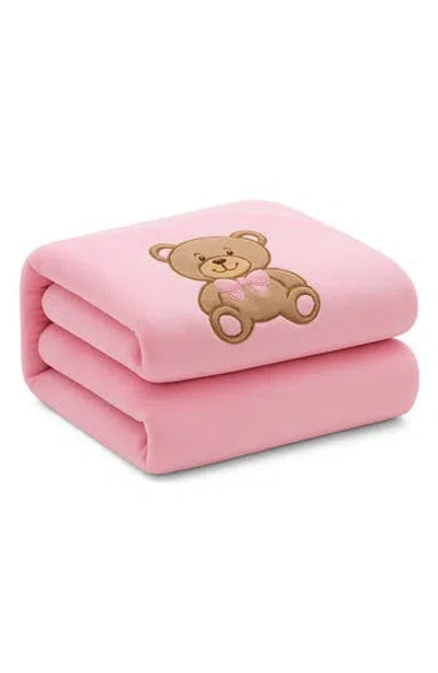 Luxury Home Bear Embroidered Knit Blanket In Pink