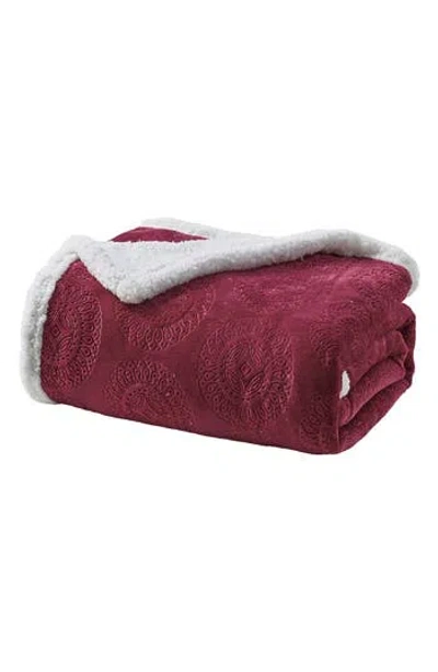 Luxury Home Embossed Caesar Faux Shearling Throw Blanket In Burgundy