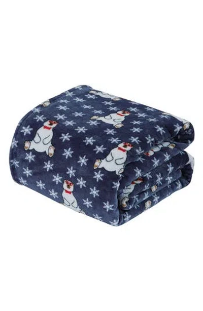 Luxury Home Holiday Bear & Snowflake Plush Fleece Throw Blanket In Blue