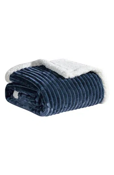 Luxury Home Plush Reversible Plain Weave Corduroy Faux Shearling Throw Blanket In Blue