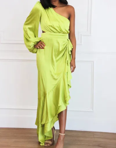 Luxxel Barcelona One Shoulder Satin Ruffle Maxi Dress In Lime In Green