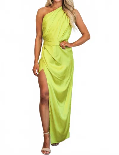 Luxxel Carson One Shoulder Satin Maxi Dress In Lime In Green