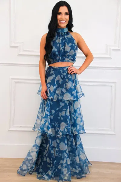 Luxxel Cordelia High Neck Floral Ruffle Two Piece Maxi Set In Teal Navy In Blue