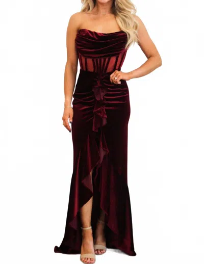 Luxxel Dimarco Velvet Ruffle Bustier Maxi Dress In Wine In Red