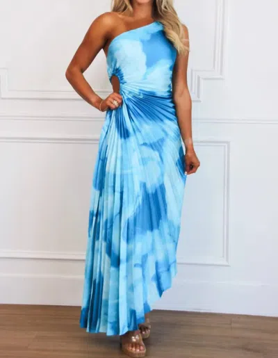 Luxxel Feel The Waves One Shoulder Pleated Maxi Dress In Blue Multi