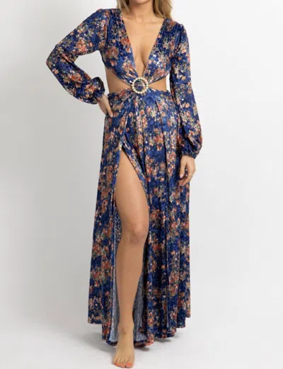 Luxxel Floral Velvet Slit Maxi Dress In Royal Blue In Multi