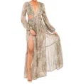 Luxxel Long Sleeve Maxi Dress With Cutout In Olive Multi In Green