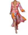 Luxxel Long Sleeve Plunge Maxi Dress In Orange Multi In Orange