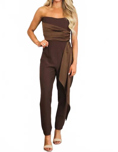 Luxxel Marina Strapless Jumpsuit In Chocolate In Brown