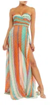 Luxxel Mya Strapless Slit Maxi Dress In Multicolor Stripe In Green