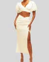 Luxxel Puff Sleeves Top And Button Detail Skirt Set In White Sand In White
