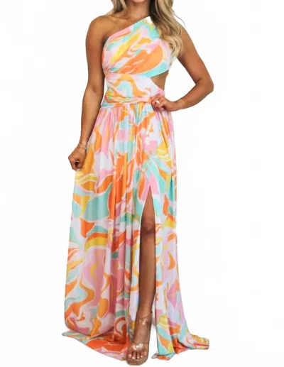 Luxxel Shoreside Abstract One Shoulder Maxi Dress In Pink/orange In Multi