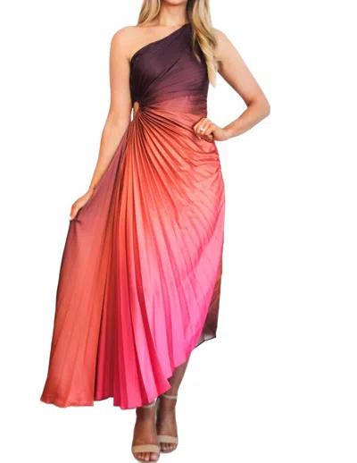 Luxxel St Tropez Ombre Pleated One Shoulder Maxi Dress In Coral/rust Multi In Pink