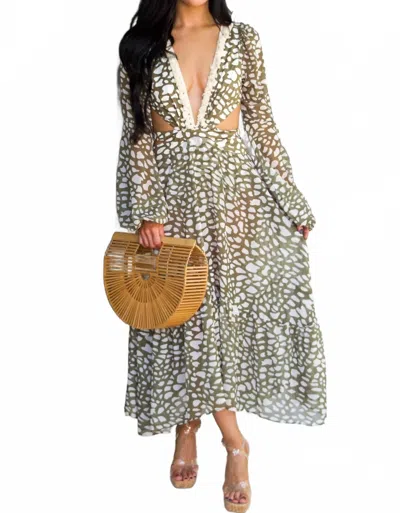 Luxxel Sunkissed Riviera Cutout Printed Open Back Dress In Olive In Green