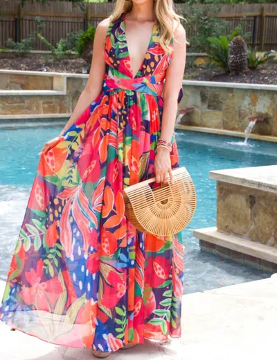 Luxxel Under The Solstice Sun Tropical Cutout Open Back Maxi Dress In Red Multi