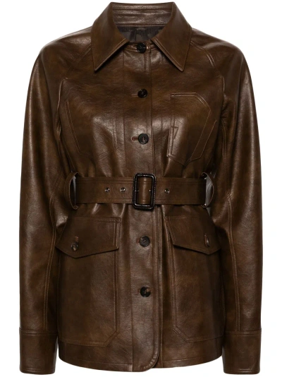 Lvir Belted Faux-leather Shirt Jacket In Brown