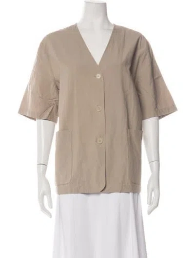Pre-owned Lvir V-neck Short Sleeve Button-up Top In Neutrals