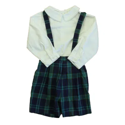 Pre-owned Lvli & Me Kids' Boys White Green Plaid Romper In Multi