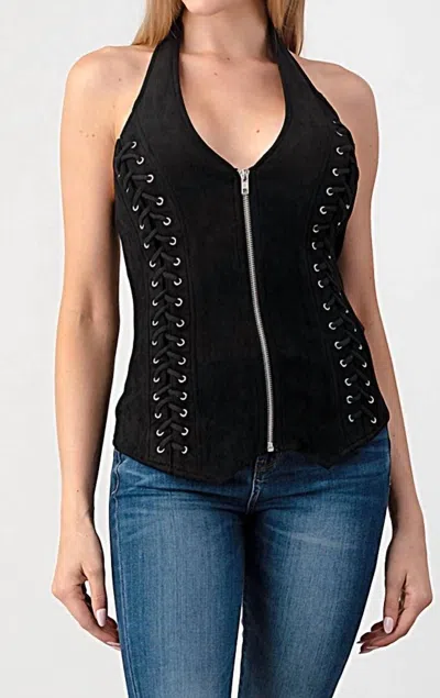 Lydia Ozark Zipped Up Faux Suede Halter Top In Black
