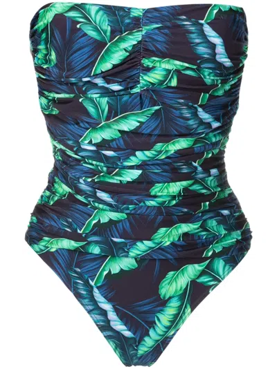 Lygia & Nanny Melissa Ruched Leaf-print Swimsuit In Blue