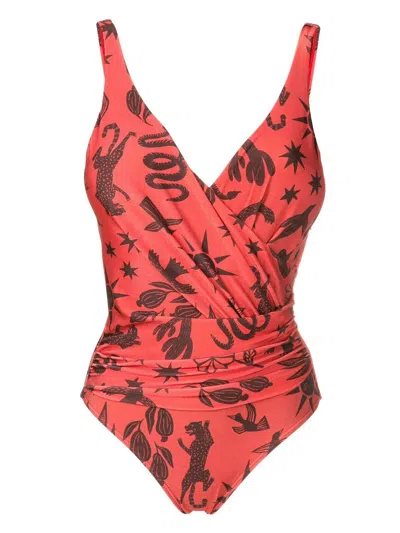 Lygia & Nanny Maisa Draped-detail Printed Swimsuit In Brown