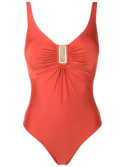 Lygia & Nanny Mirassol Liso Logo-plaque Ruched Swimsuit In Orange
