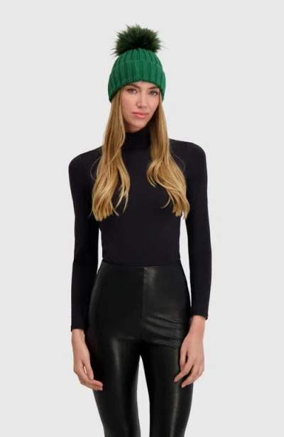 Lyla Grant Beanie Hat With Fur-free Fox (faux Fur) Pompom In Green
