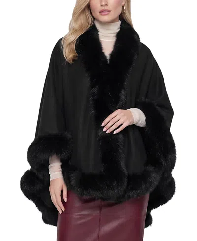 Lyla Grant Cashmere & Wool Blend Cape With Faux Fur Fox Trim In Black