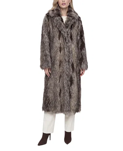 Lyla Grant Faux Fur Fox Long Coat In Gray