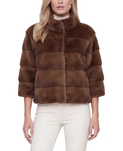Lyla Grant Faux Fur Mink Jacket With Cropped Sleeves In Brown