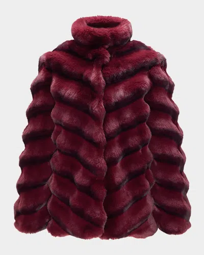 Lyla Grant Fur-free Chevron Faux Chinchilla Coat In Burgundy