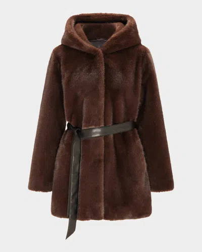 Lyla Grant Fur-free Faux Mink Hooded Coat In Brown