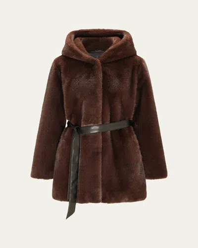 Lyla Grant Fur-free Faux Mink Hooded Coat In Brown