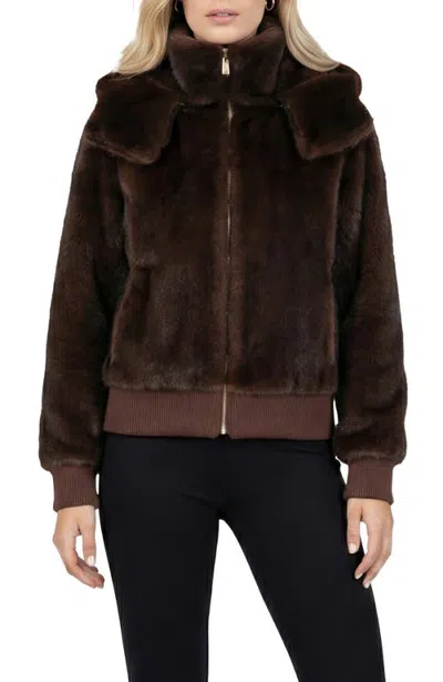 Lyla Grant Fur-free Mink (faux Fur) Hooded Jacket With Knitted Cuffs & Bottom In Dark Brown