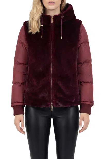 Lyla Grant Fur-free Mink (faux Fur) Quilted Jacket, Hood In Burgundy/burgundy