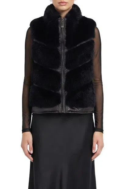 Lyla Grant Fur-free Silver Fox (faux Fur) Chevron Short Vest In Black
