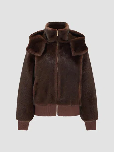 Lyla Grant Women's Faux Fur Mink Hooded Jacket With Knitted Cuffs And Bottom In Dark Brown