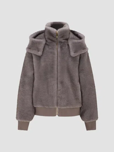 Lyla Grant Women's Faux Fur Mink Hooded Jacket With Knitted Cuffs And Bottom In Gray