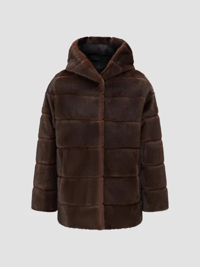Lyla Grant Women's Faux Fur Mink Jacket With Hood In Dark Brown