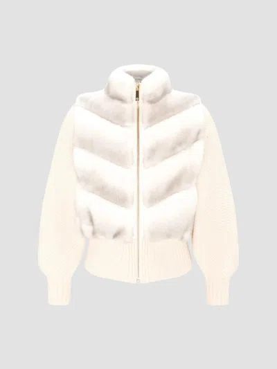 Lyla Grant Women's Faux Fur Mink Jacket With Knit Wool Sleeves In White Cross
