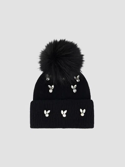 Lyla Grant Women's Knit Beanie Hat With Fox Pompom In Black